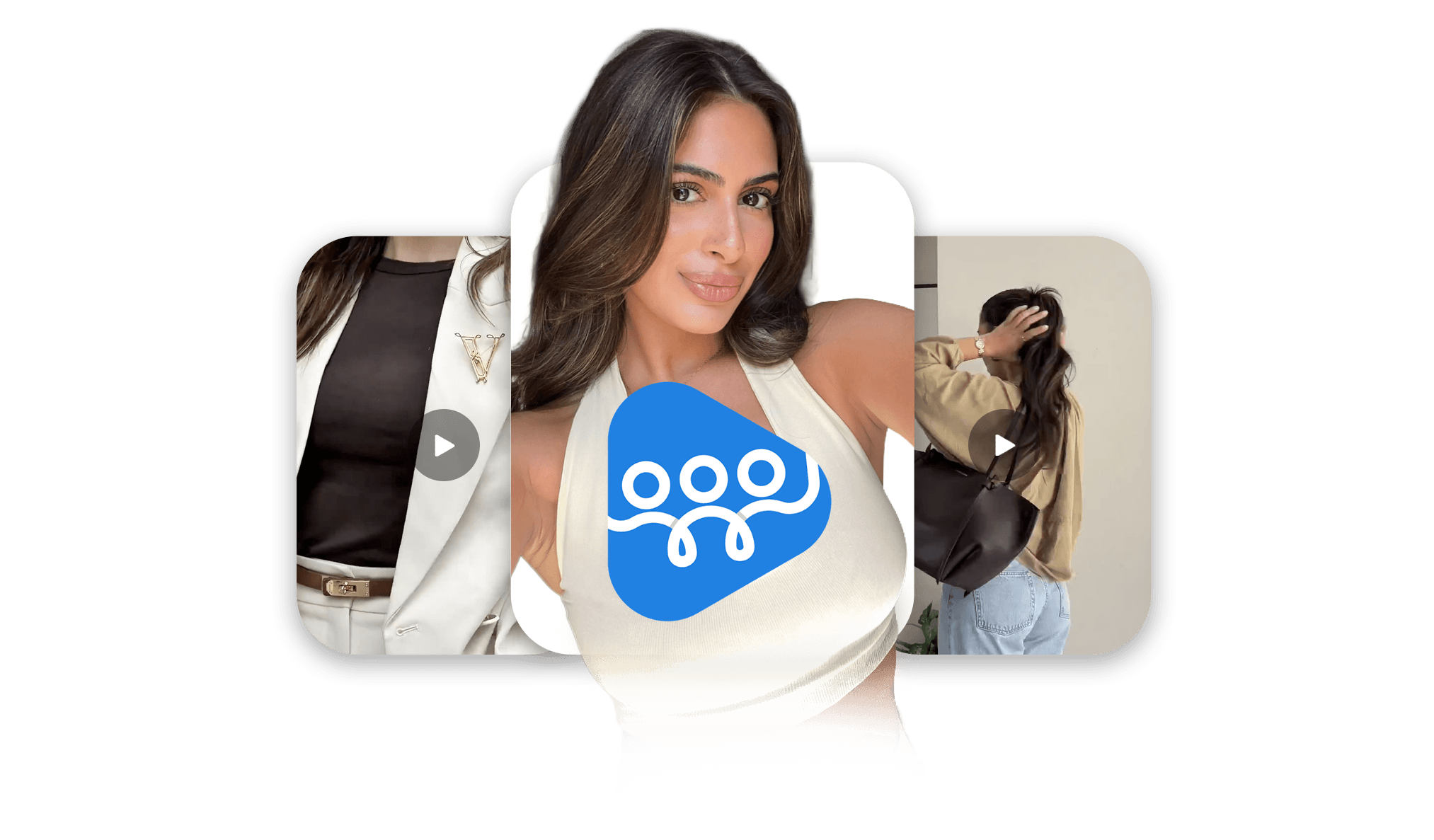 Vrouw met bruin haar en witte top poseert, met video's op de achtergrond van mode-outfits en accessoires. Logo op de voorgrond.