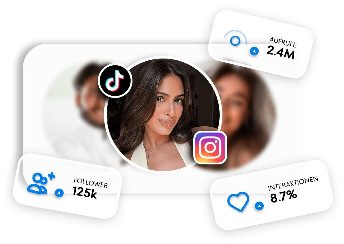 Creator-Profil mit TikTok- und Instagram-Logo, Followern, Aufrufen und Interaktionen